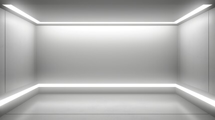 Modern Empty Futuristic Room with LED Strip Lights on Walls and Ceiling, Minimalist White Interior Design for Showrooms or High-Tech Spaces, Stylish Sleek Background for Virtual Sets or Presentations