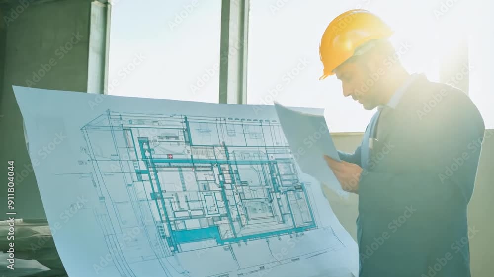 Poster architect reviewing blueprint at construction site generative ai