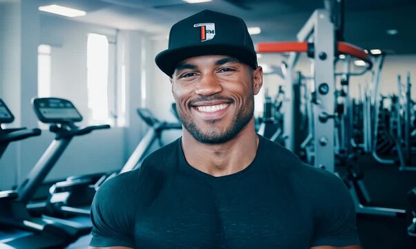 Pet portrait video of a satisfied man in his 30s wearing a cool cap or hat against a gym or fitness center background