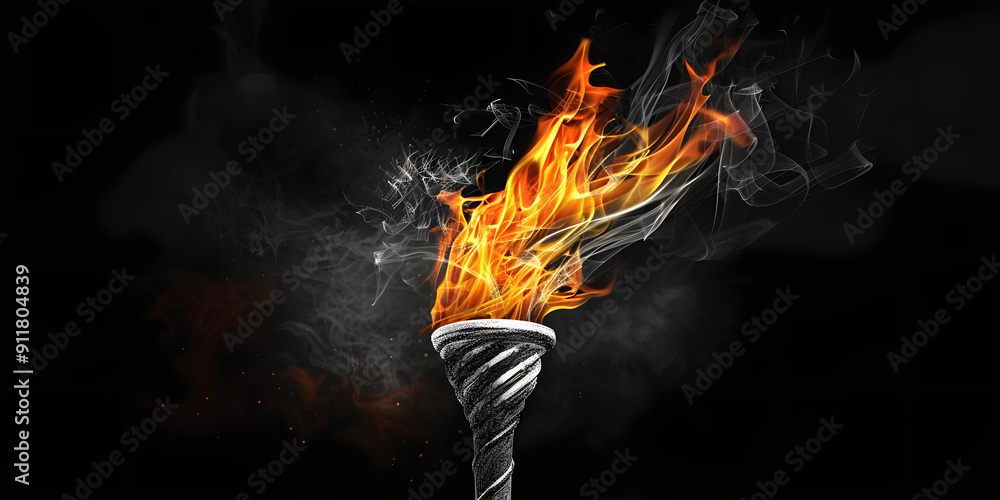 Poster an animated hand-drawn olympic torch with a fiery flame in a monochrome scribble style stop motion. 