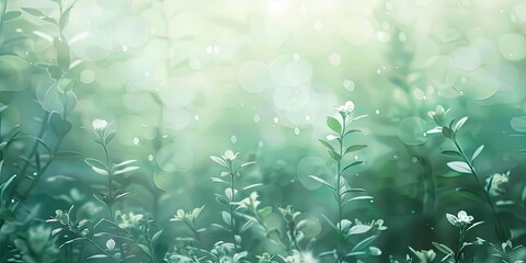 Green leaves with white flowers and bokeh.