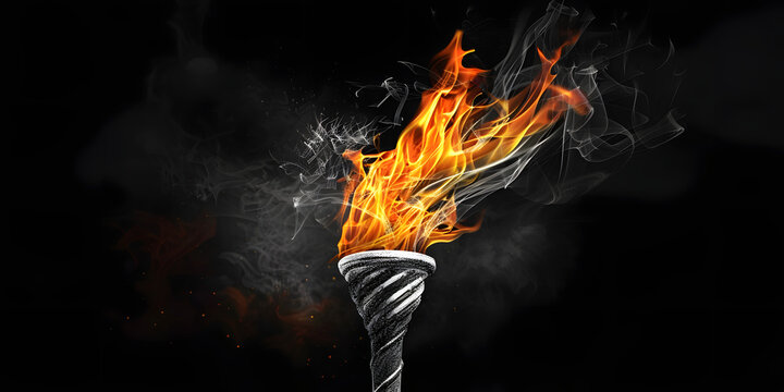An animated hand-drawn Olympic torch with a fiery flame in a monochrome scribble style stop motion. A loop view of the flame symbolizing determination and victory in the greatest sports competition.