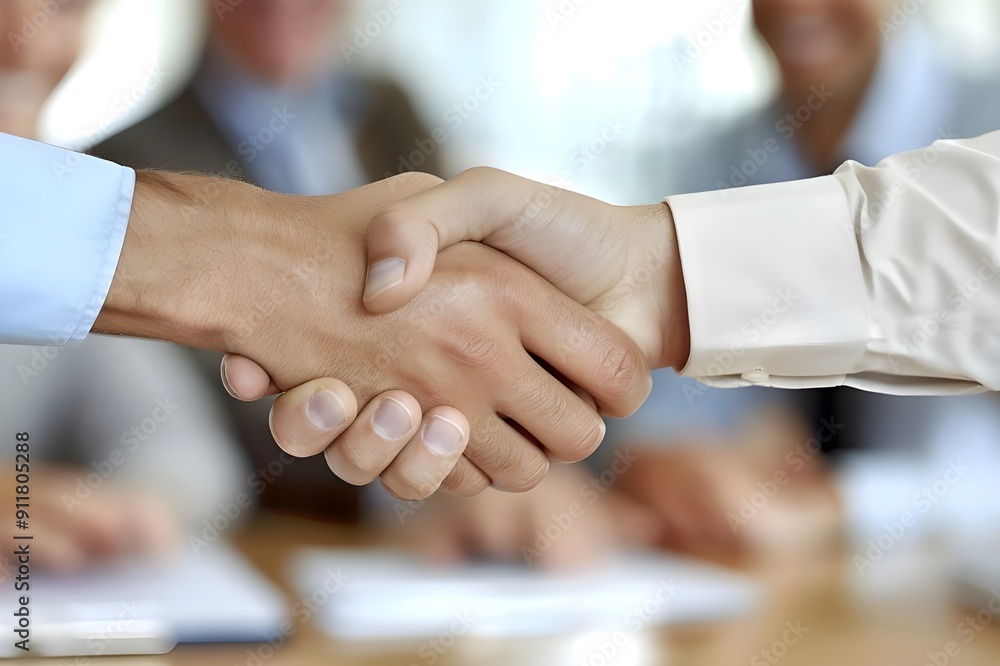 Poster close up of two business people shaking hands in an office background with other team members in the