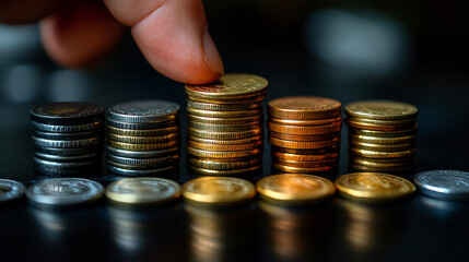 hand placing a coin on a growing stack of coins, symbolizing financial growth, investment, and savings. This image captures the essence of wealth accumulation, economic stability, and future financial