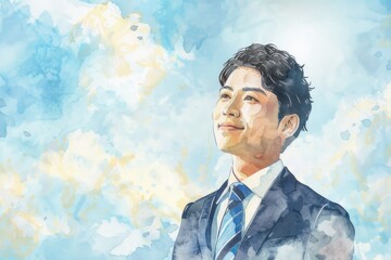 青空と笑顔のビジネスマンの水彩画（就活・転職・就職・会社・仕事・会社員）
