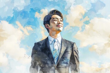 青空と笑顔のビジネスマンの水彩画（就活・転職・就職・会社・仕事・会社員）