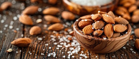 Closeup of roasted almonds sprinkled with salt, on a rustic wooden table