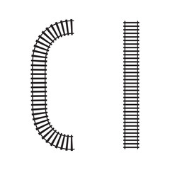 Railroad segments. Fence or stairs textures. Railway elements top view. Train track straight and curved lines isolated on white background. Vector graphic illustration