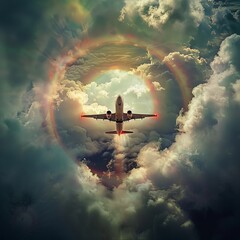 Fototapeta premium A rainbow is formed around an airplane flying through the sky. Concept of wonder and awe at the beauty of nature and the power of flight
