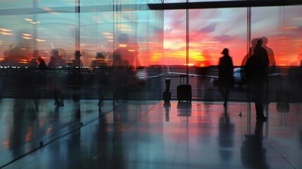 A group of people are walking through a glass-walled airport terminal. The sun is setting, casting a warm glow over the scene. The people are carrying luggage, including suitcases and handbags