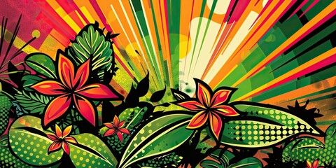 Naklejka premium Colorful floral pattern with green leaves.