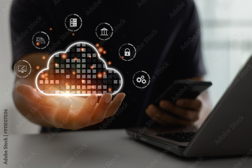 Poster cloud computing concept, man hand holding cloud icon on the virtual display, backup storage data int