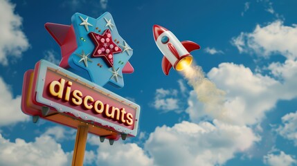 3D sign with "discounts" attached to a cartoon rocket blasting off into the sky