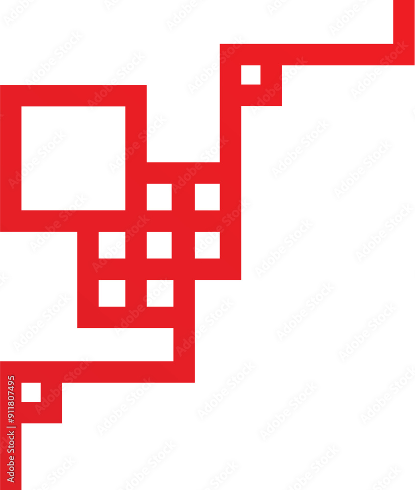 Poster red pixelated abstract shape forming a dynamic pattern on a white background