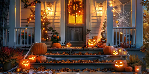 Cozy autumnal front porch decorated with spider webs, pumpkins, candles, and festive fall foliage, creating a warm and inviting Halloween ambiance at dusk.
