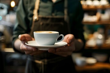 A barista holding out coffee in a white cup and saucer to a customer, wearing a dark green shirt with a black apron, blurred background of a modern cafe interior, close-up shot from the front view.