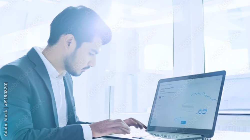 Poster man working on laptop in bright white office environment generative ai