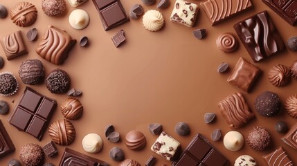 stylish national chocolate day banner featuring an array of delectable chocolate treats encircling a customizable text box in the center