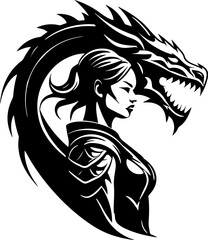 woman warrior with a dragon tattoo logo art