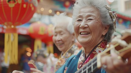 Obraz premium Two smiling elderly women in traditional attire enjoy playing music during a vibrant cultural festival