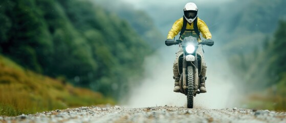 Motorcyclist on a bike trail in a national park, towering trees, natural lighting, copy space