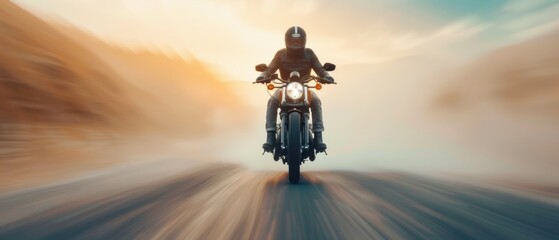 Fototapeta premium Rider on a motorcycle at a city park, skyline in the distance, natural lighting, copy space