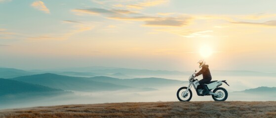 Fototapeta premium Motorcyclist pausing at a rural overlook, rolling hills, natural lighting, copy space