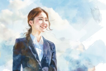 青空と笑顔の女性会社員の水彩画（就活・転職・就職・会社・仕事・ビジネスウーマン）