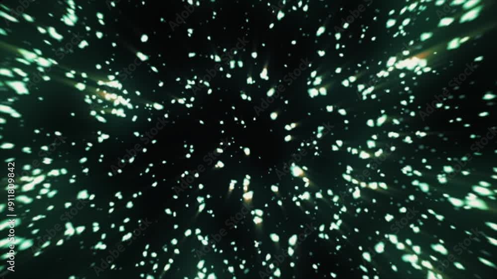 Poster green particles, the soft light green gradient background, and the subtle sparkling effect with brig
