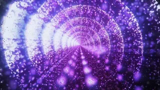 Circles mandala background. Abstract animation of shiny lilac purple particles on violet backdrop. Kaleidoscope motion of shining fantasy shapes of rays and particles. Yoga, chakra, insight