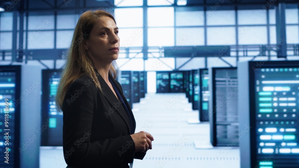 Poster engineer walking in data center workspace, monitoring systems to identify root cause of errors. woma