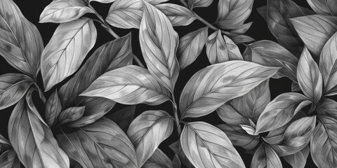 Black and white drawing of overlapping leaves.