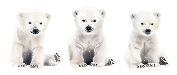 Watercolor set of three adorable polar bear cubs, isolated on white background.