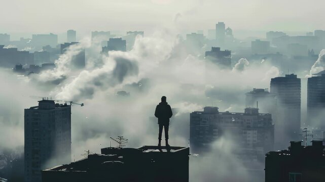 Changing of the climate. A man stands on a rooftop in a city with a foggy atmosphere. The cityscape is filled with tall buildings, and the man is looking out over the city. Scene is contemplative and 