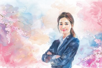 桜と笑顔の女性会社員の水彩画（就活・転職・就職・会社・仕事・会社員）