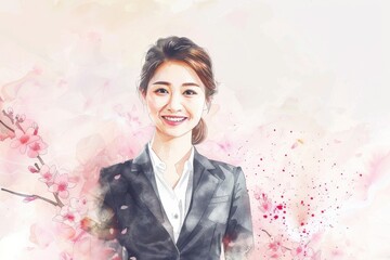 桜と笑顔の女性会社員の水彩画（就活・転職・就職・会社・仕事・会社員）