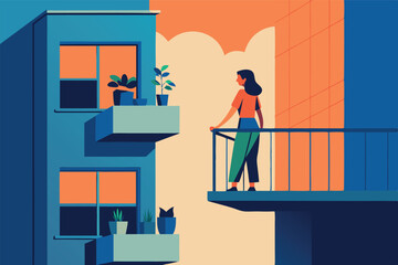 Vector illustration of woman standing alone on the balcony looking at the city