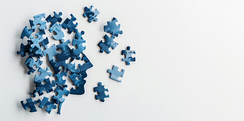 Head profile with jigsaw puzzle pieces falling apart. Alzheimers and dementia, mental illness and brain disorder illustration.
