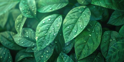 Fototapeta premium Green leaves with water droplets.