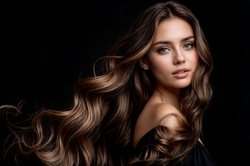portrait woman with shiny brown hair,suitable for advertising hair care products,beauty salon marketing materials,fashion blog posts,editorial articles in magazines dedicated to health,beauty of hair