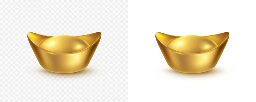 Chinese gold ingot isolated on transparent background. Vector golden money element