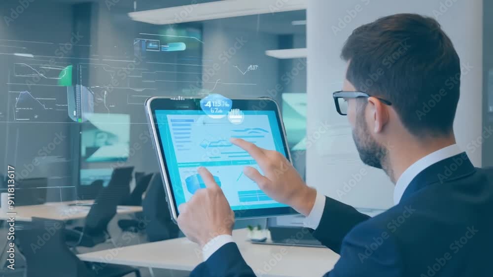 Poster data analyst using digital tablet in modern office generative ai