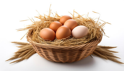 Farm eggs basket in hay on a wooden surface healthy food isolated on white background