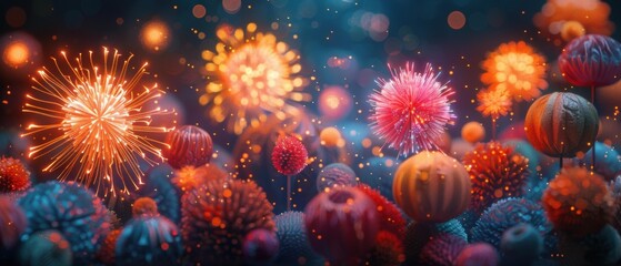 A field of glowing spheres with fireworks in the background. AI.