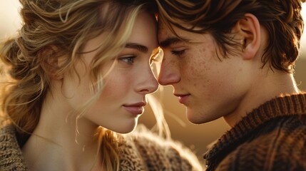 A young man and woman are looking at each other. AI.