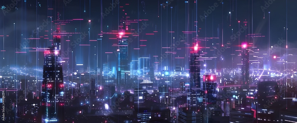 Poster a panoramic view of the city skyline at night, with digital lines and data points flowing above it. 