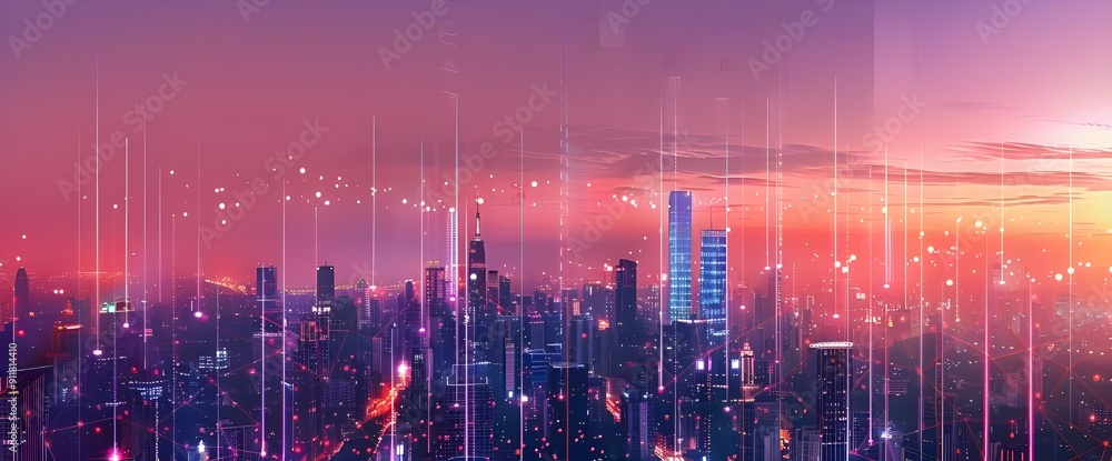 Poster a panoramic view of the city skyline at night, with digital lines and data points representing ai's 