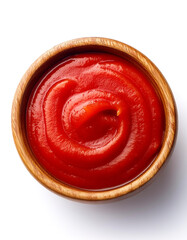 fresh tomato sauce in wooden bowl isolated on white background
