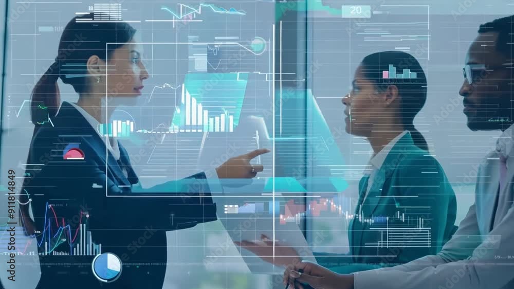 Poster business finance team discusses data analytics and marketing strategy generative ai