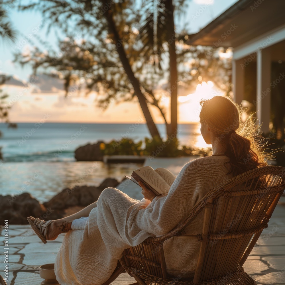 Wall mural relaxing with a good book by the ocean. ai.